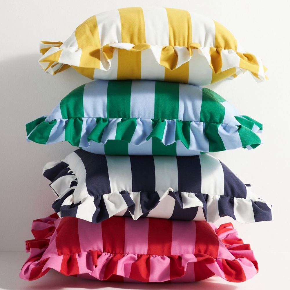 Anthropologie Green and Blue Patio Pillow with Ruffled Edges